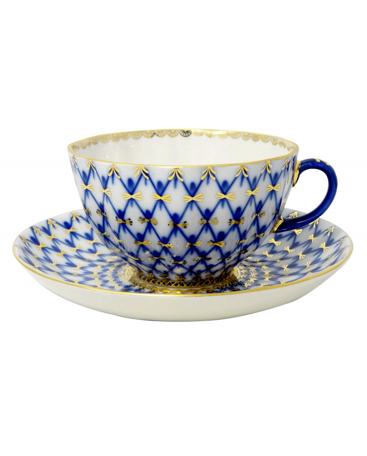 Lomonosov Imperial Porcelain Teacup Saucer Cobalt Net Tulip